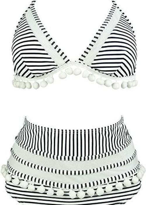 Cocoship Striped Mesh High-Waist Bikini Set